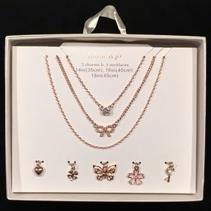 3 Rose Gold Tone Necklaces With 5 Matching Charms